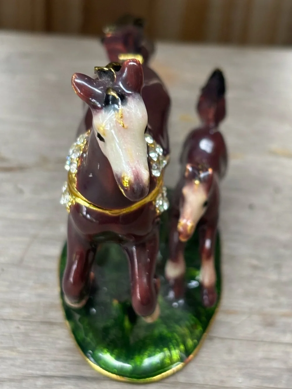 Mare & Foal Hand Painted Enameled Hinged Trinket Box with Crystal Accents 3”H